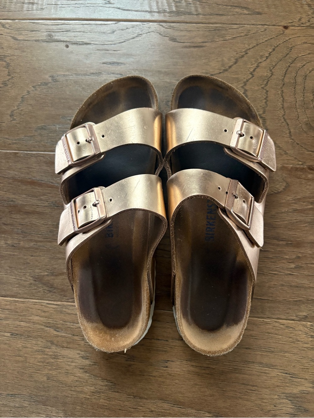 Birkenstock Arizona Metallic Rose Gold Buckle Sandals
